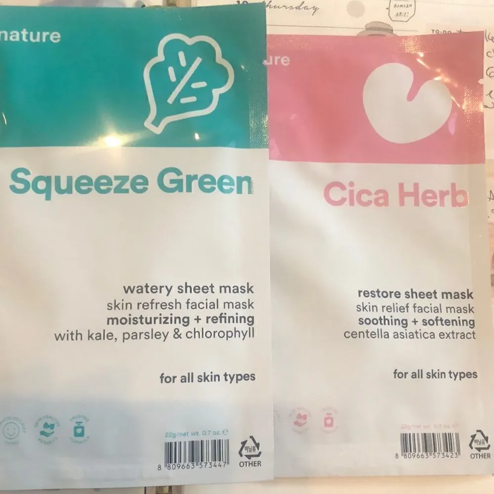 EENATURE 2 masks Squeeze Green Watery Sheet Mask & Cica herb plus Ipsy bag new